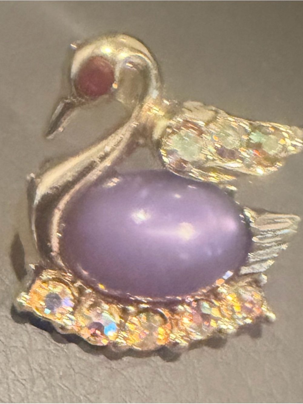 Gold Swan Brooch with Purple Cabochon and Aurora Rhinestones Jelly Belly